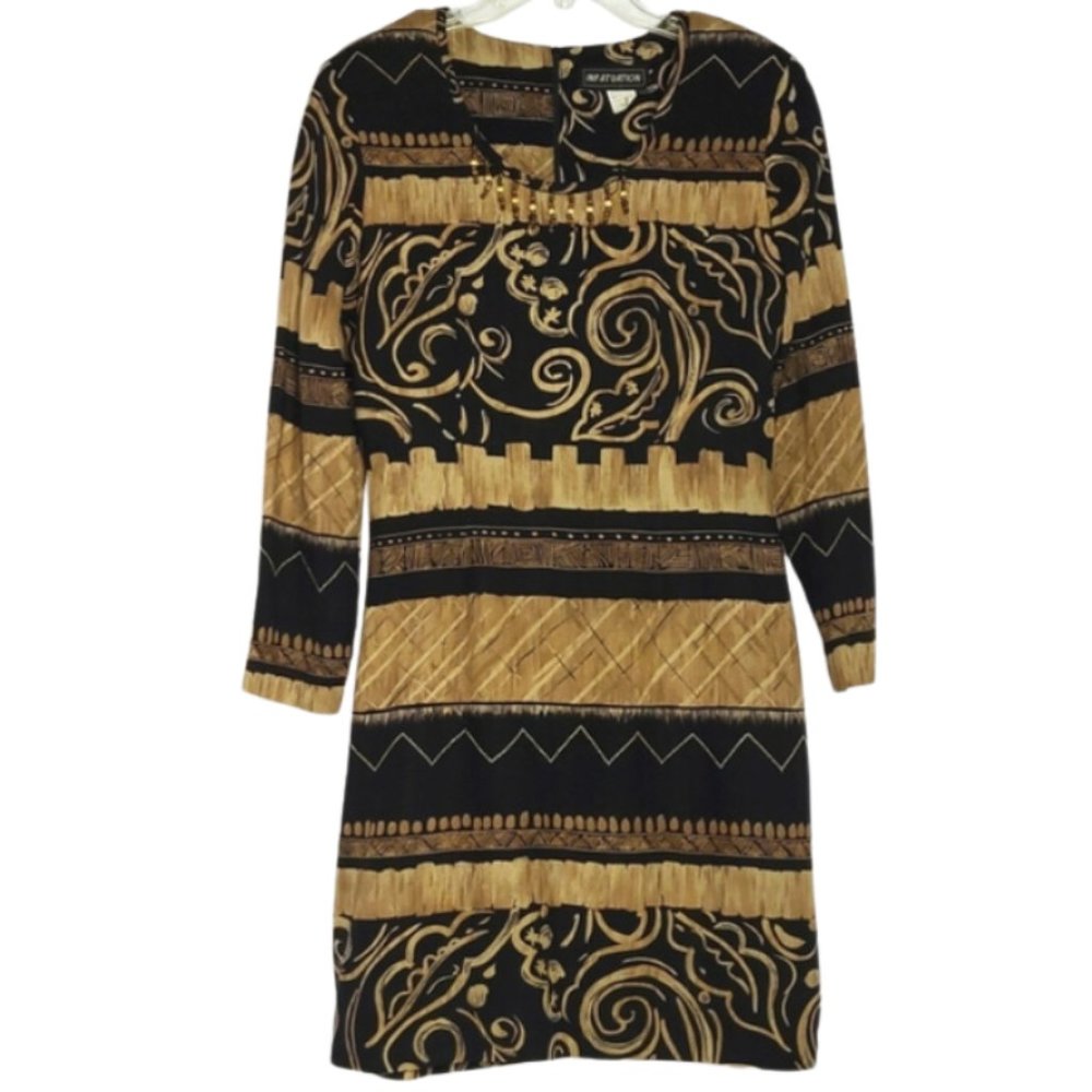 Infatuation Knee Length Black and Tan Long Sleeved Dress - Size 10 - #3-0155